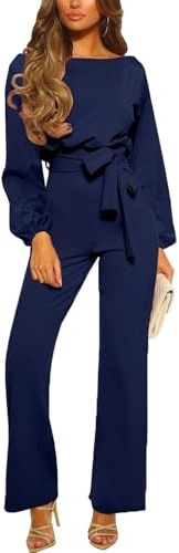 AGUCEG Damen Elegante Langarm Laterne Ärmel Jumpsuit mit Gürtel Weites Bein Hosen Jumpsuit