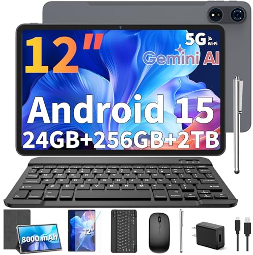 12 Inch Tablet, Android 15 Tablets, 24GB (8+16) RAM + 256 Memory (Expandable to 1TB), Android Tablet with Keyboard, Octa-Core Display, 2K 2000x1200, 16MP Dual Camera, 8000mAh