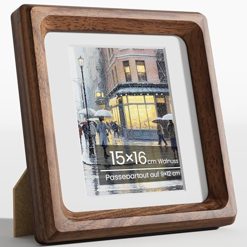 Feihorrm Bilderrahmen 15x16, Natürliches Walnussholz Fotorahmen mit Gehärtetem Glas, Handgefertigte Abgerundete Ecke 15x16cm Holzrahmen Mattiert auf 9x12cm Fotos, Wand oder Tischplatte Anzeige