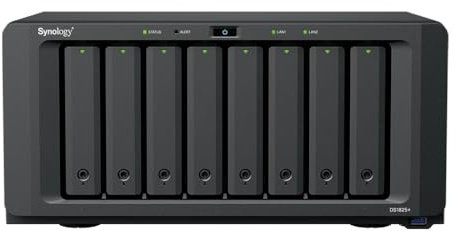 Synology DS1825+ 128TB (Synology HAT33) 8 bay Plus series with Ryzen V1500B, 8GB Ram (32GB max), 2x 2.5GbE, 2x M.2 NVMe slots. PCIe slot for NIC options.