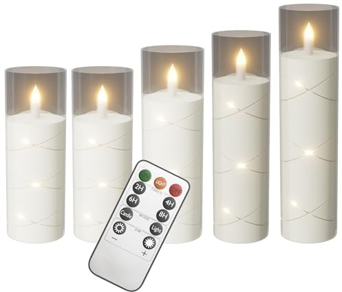 XMTECH LED Kerzen 5er Set – Flammenlose Kerzen Ø5 cm x 14/14/16/18/20 cm mit Fernbedienung & Timer – Batteriebetrieben, Flackernd, Dekoration für Innen & Außen – Transparent