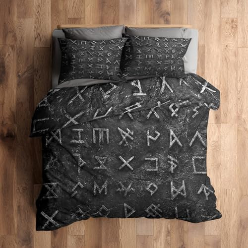 Generisch Mikrofaser Bettwäsche 135x200 Wikinger Runen 2tlg - Viking Nordische Mythologie Wendebettwäsche Deko, Weiche Bügelfreie Bettbezug mit Reißverschluss, 1 Kissenbezug 80x80 AC1160
