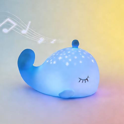 NICE POINT Nachtlicht Kinder Weißem Rauschen, Stilllicht Dimmbar Wal Lampe, Wiederaufladbare Einschlafhilfe 5 Geräusche, Touch RGB 6 Farben Silikon Nachtlampe Baby Schlafzimmer