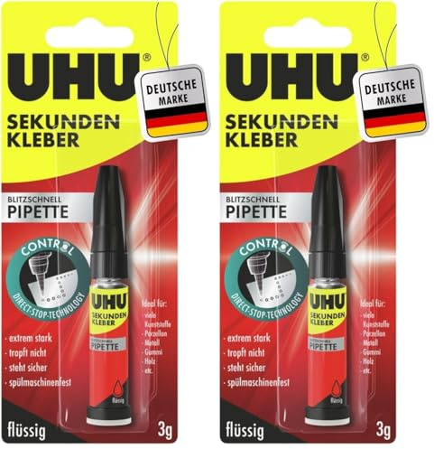 UHU Sekundenkleber extra stark | 3g Kleber Pipette für präzises Kleben | Sekundenkleber flüssig für Kunststoff, Metall, Holz, Keramik, Porzellankleber | Superkleber & Kunststoffkleber (Packung mit 2)
