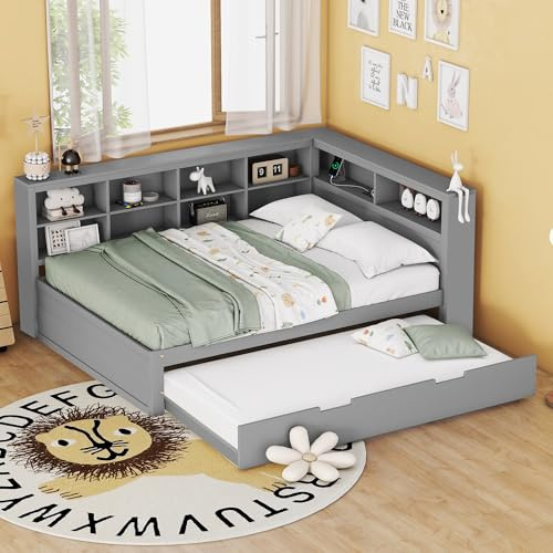 EINHOM Schlafsofa Doppelbett 140x200cm, Ausziehbares Bett 90 * 190 mit Mehreren Ablagefächern, Massivholzbett, Tagesbett, Kinderbett, Multifunktionsbett aus Holz Grau (ohne Matratze)