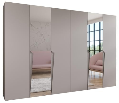 MEBLE KRYSPOL - Kleiderschrank - Garderobenschrank - 300 cm x 202 x 52 cm - Schrank mit Kleiderstange und Spiegel, 6 Türen - für Schlafzimmer, Flur - Piano, Kaschmir, Griff Kaschmir