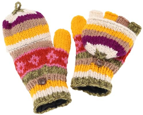 GURU SHOP Handgestrickte Klapphandschuhe Nepal, Wollhandschuhe | Warme Fausthandschuhe, Fleece-Futter, elastisch, fair gehandelt, Länge ca. 28 cm, Breite ca. 11 cm