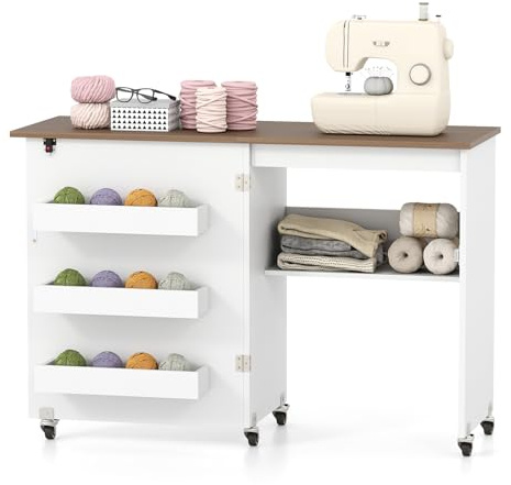 GIANTEX Nähtisch klappbar, Nähmaschinentisch auf Rollen, Nähtisch für Nähmaschine, Nähschrank Holz, Mehrzwecktisch für Wohnzimmer Arbeitszimmer Schlafzimmer (Weiß+Eiche)