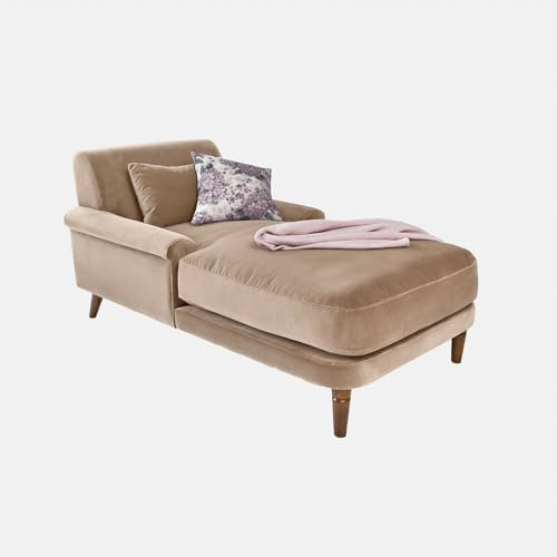Loberon Chaiselounge Jouvrelle - Samtige Oberfläche - EIN Zierkissen Inklusive - Mittelfeste Polsterung - Sitzmöbel - Sofa - Kiefernholz - Baumwolle, beige