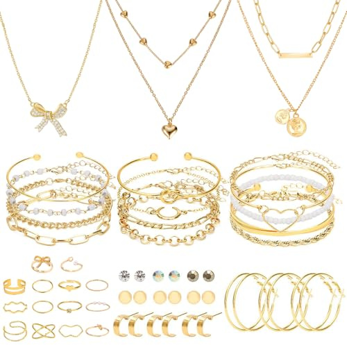 JSTHHTT 54 Stück Schmucksets für Damen, Schmuckset Gold, Schmuck Set Damen, 3 Halsketten, 14 Ringen, 24 Ohrringen und 13 Armbändern, Schmuck Gold,Schmuck Set für Geschenke Geburtstags
