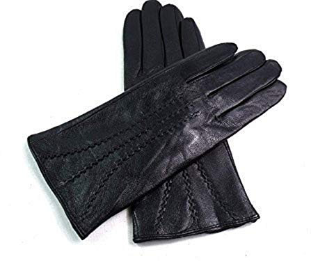 Damen Premium Quality Super Weich Leder Handschuhe Pelzfutter Streifen Detail Slim Fit - Hellblau, M