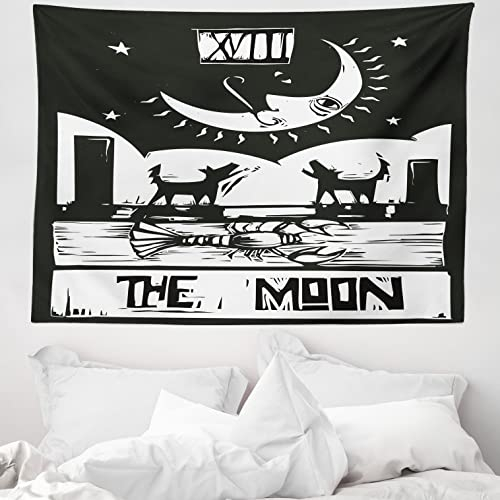 ABAKUHAUS Mond Wandteppich, Braun Weiß Zeichnung Hummer Wölfe Mondsichel Sterne Tarot Karten Design, aus Weiches Mikrofaser Stoff Wand Dekoration Für Schlafzimmer, 150 x 110 cm, Charcoal Grau Weiß