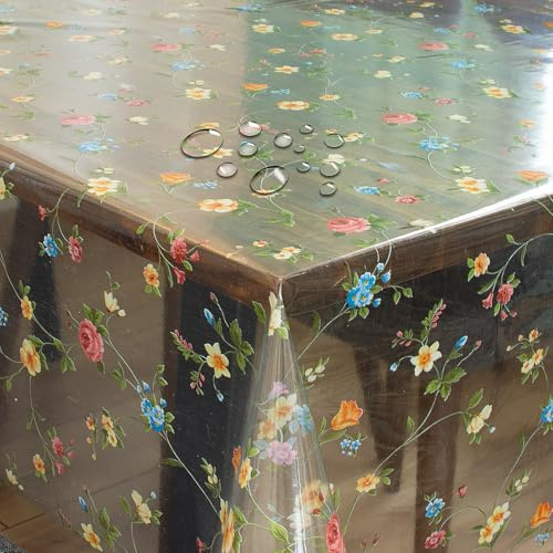 Transparente Folie Schutzfolie Schutztischdecke 0,15 mm Blumen Bunt Quadratisch 120 x 120 cm, abwaschbare Tischdecke, wasserabweisend