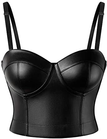 SLIMBELLE® Women’s Faux Leather Bustier Steampunk Corset Boned Crop Top Bra with Straps PU Wet Look Fashionable Party Clubwear Chic Black Sexy Shaper Vest Carnival Costume