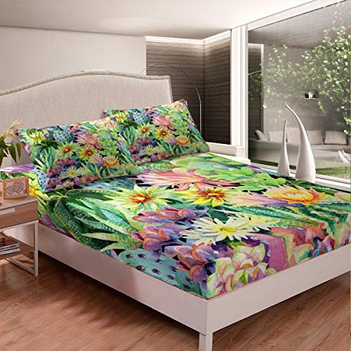 Loussiesd Mädchen Kaktus gedruckt Spannbettlaken 90x200cm Boho Sukkulente Spannbetttuch Für Frauen Grün Lila Botanisches Muster Bettlaken Set Exotische Naturpflanzen rutschfeste 2St