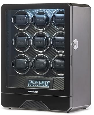 BARRINGTON Automatik Uhrenbeweger für 9 Uhren, Uhrenbox | Hochwertige Luxus-Multi-Uhrenbewegerbox mit schwarzer Carbon-Oberfläche, Features Fernbedienung
