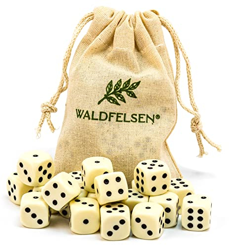 Waldfelsen 6, 12, 20, 30 oder 50 hochqualitative Würfel Standardgröße 16 mm Acrylwürfel Knobel Spielwürfel Dice 6-seitig sechsseitig Spielzubehör Set mit Stoffbeutel (Elfenbeinfarben, 20 Stück)
