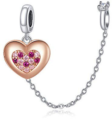 925 Sterling Silver Beads Safety Chain Stopper Charms For Pandora Women's European Style Snake Chain Bracelet Jewelry (Rose Gold Love Safety Chain)