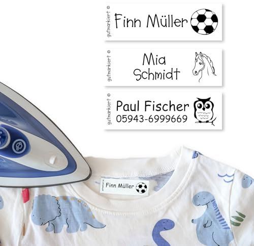 gutmarkiert – Personalisierte Bügeletiketten für Kleidung – Namensschilder für Kleidung für Kinder personalisierbar mit Name und Motiv – waschmaschinen- & trocknerfest – 50 Stück 50x15mm Schwarz