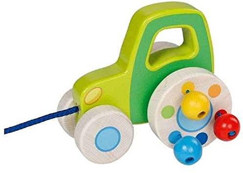 goki 54868 Ziehfahrzeug Traktor aus Holz, Nachzieh-Spielzeug mit Klackerperlen, Lernspielzeug inkl. Schnur, Babyspielzeug fördert Koordination und Motorik, 11cm x11cm x 10cm, ab 1 Jahr
