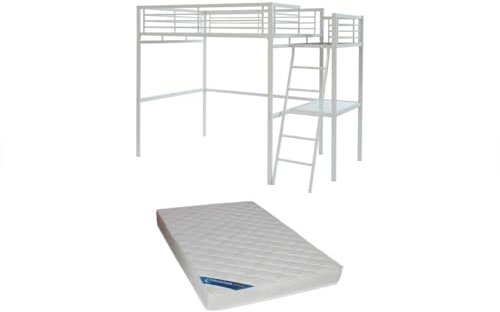Hochbett mit Schreibtisch + Matratze - 140 x 190 cm - Weiß - CASUAL II