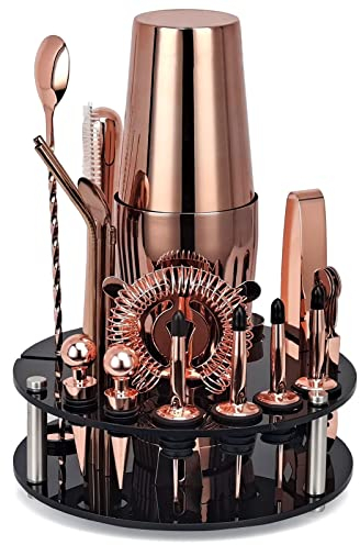 Bartender Kit, 20-Piece Rose Gold Cocktail Shaker Set with Rotating Acrylic Stand for Mixed Drinks Martini Home Bar Tools,Rose Gold,A