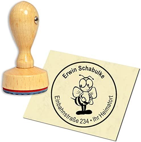 Stempel Adressstempel Holzstempel - witzige Biene - rund ∅ 40mm personalisiert als Firmenstempel Namensstempel Bürostempel