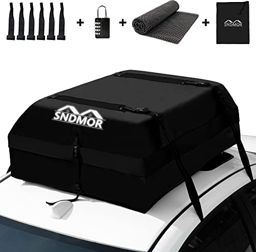 SNDMOR Dachboxen, 425L/15 Kubikfuß Wasserdichtes Dachgepäck, Dachgepäcktransporttasche, Passend für Alle Fahrzeuge Mit/Ohne Gepäckträger, Inklusive Antirutschmatte+ 4 Verstärkungsgurte + 6 Türhaken