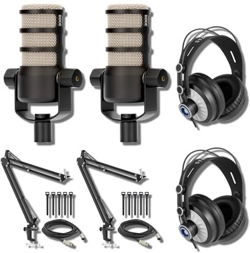 Rode PodMic Dynamic Podcast Microphone (Pair) with StreamEye BOOMARM Mic Arms, Over-Ear Podcast Headphones, XLR Cables and StreamEye Polishing Cloth