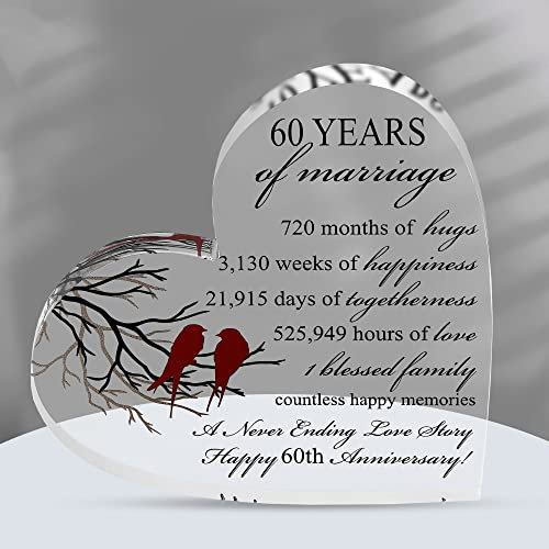 VELENTI 60th Wedding Anniversary Present for Him and Her - Diamond for Couple - Unique Acrylic Heart-Shaped Keepsake