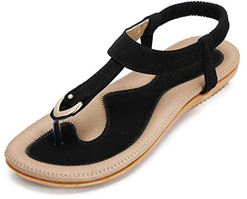ZOEREA Sandales Femme Été Plates Confortable Mode Bohème Tongs Bout Ouvert Chaussures pour Plage Vacances du Quotidien Détente Taille Style 8 Noir,44 EU