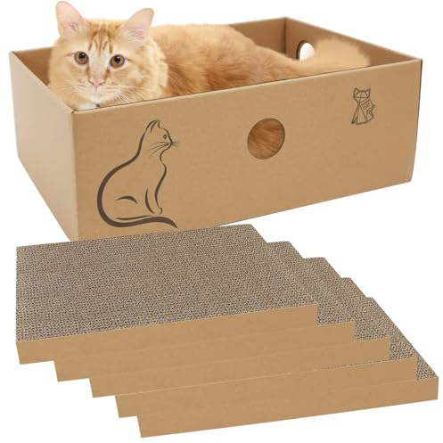 MUAEEOK Cardboard Cat Scratcher with Box, 5 PCS Reversible Scratch Pad Replace, Corrugated Scratching Lounge for Indoor Kitty to Rest Play, Suitable for Up To 5kg (42x30x14.5 CM)