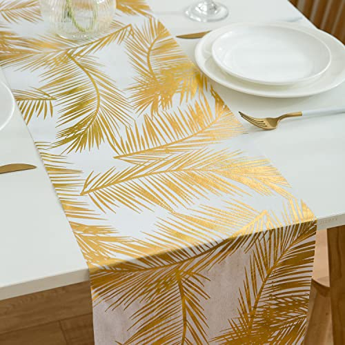 DROMCOM Gold Tischläufer aus Vlies 28cmx25m Metallic Gold Palmblätter Tischläufer Rolle, Weiße und Goldene dekoratives Tischband Tischdeko für Hochzeit, Geburtstag, drinnen draußen Urlaub Party Dekor