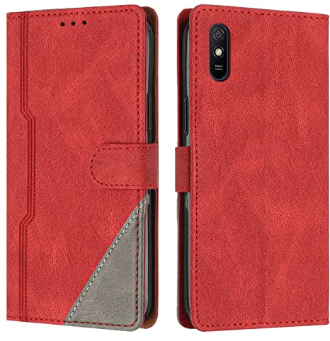 Radoo Cover per Xiaomi Redmi 9A / 9AT, Custodia in PU Pelle Portafoglio Flip Chiusura Magnetica Antiurto Funzione Scomparti, con Slot Schede Supporto Pieghevole per Xiaomi Redmi 9A / 9AT (Rosso)