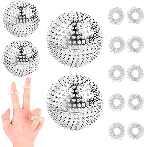 10 Stück Massageringe und 4 Stück Massageball, Akupressurkugeln Akupressur Ringe Massagering für Finger Massageringe Set Massage Ball Stressabbau Massage - Silber