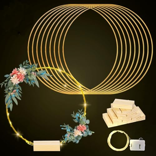 HanYun 10 Stück 30cm Metallringe zum Basteln, Metallring mit Fuß und Led Light Gold Metallring für Hochzeitskranzdekor DIY Hochzeit Tisch deko Weihnachtskranz Deko Trockenblumen zum Basteln Deko Ring