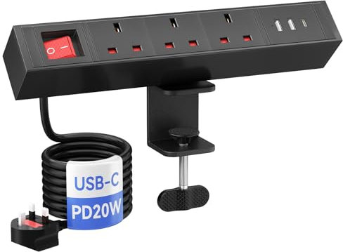 Desk Power Socket with USB C PD20W, Power Strip Extension Lead with Switch 3 UK Plug and 2 USB A, 2M Cable, Black