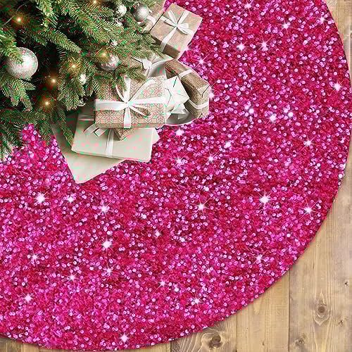 FOTSHARER Pink Christmas Tree Skirt 21 Inch Sequin Small Glitter for Artificial Trees Mermaid Velvet Cover Hot Pink Base for Xmas Decorations