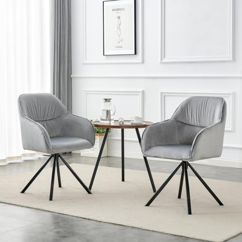 Chleby 2er Set Bürostuhl 360° Drehstuhl Sessel mit Metallbeinen Arbeitsstuhl Drehbarer Esszimmerstuhl Samt Grau Polsterstuhl Loungesessel Armlehnenstuhl für Esszimmer, Küche, Salon, Büro…