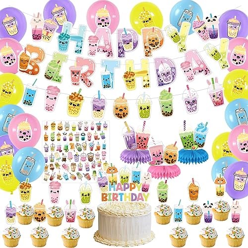 Bubble Tea Geburtstagsdekorationen enthalten Happy Birthday Banner, Luftballons, Aufkleber, Tafelaufsätze, Kuchen und Cupcake-Topper für Partyzubehör