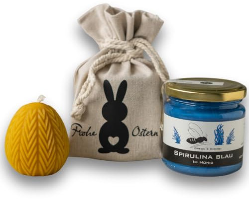 Gregas Imkerei Oster-Honig-Geschenkset – Ostersäckchen mit Hase, 250 g Glas deiner Wahl & Osterstern Bienenwachskerze – perfektes Mitbringsel & Geschenk für Ostern. (Spirulina Blau im Honig 250 g)