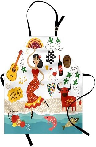 ABAKUHAUS Spanien Kochschürze 2er-Pack, Nationale Elemente Design Stier-Gitarre und Flamingo Dancer Cartoon Weitere Kriterien Komposition, Höhenverstellbar Klare Farben, 67 cm x 80 cm, Orange Blau