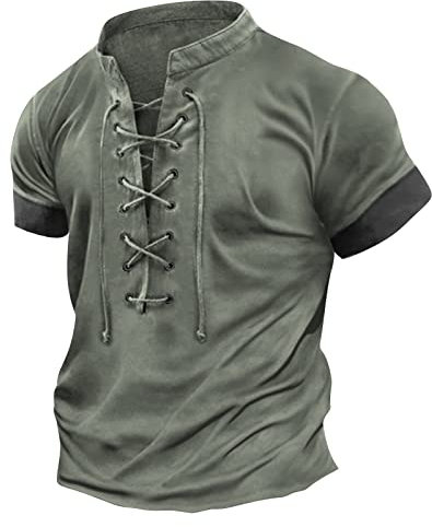 LUNULE T-Shirts Für HerrenActivewear Herren Männer T-Shirt Mittelalter Retro Schnüren Henley Shirt V-Ausschnitt Kurzarm Sweatshirt Hemd Sommer Trainingsshirt