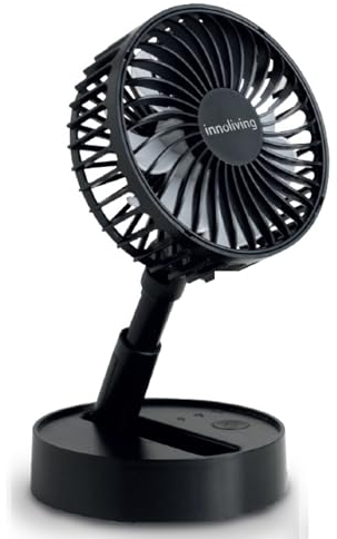Innoliving Ventilatore Pieghevole Ricaricabile Senza Fili,Altezza Regolabile, 3 Velocità, Angolo 90°, Batteria Litio 1800mAh, Ricarica USB, Portatile, Conveniente (Nero, 10 cm Pieghevole)