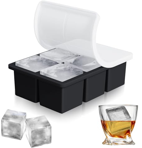 NVTEGR Large Ice Cube Tray, Silicone Square Ice Cube Moulds with Lid, Black, 6 Compartments