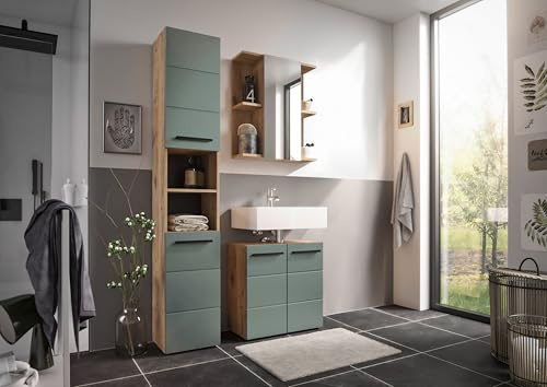 moebel-dich-auf Badezimmer Badmöbel Vail Korpus Viking Oak 3-St., Hochschrank, Spiegelschrank, Wbu, Set 2 Schilfgrün