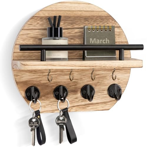Nekon Porte-clés mural – Décoration murale d'appartement de 24 cm avec étagère et 8 crochets à clés, porte-clés circulaire en bois pour décoration d'intérieur (bois)
