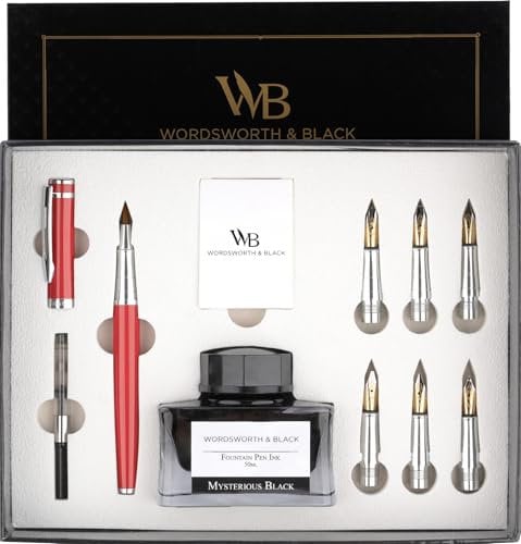 Wordsworth & Black Calligraphy Pen Gift Set, Includes Ink Bottle & 6 Ink Cartridges, Converter, 6 Replacement Nibs, Smooth Writing Premium Pens [Red Chrome]