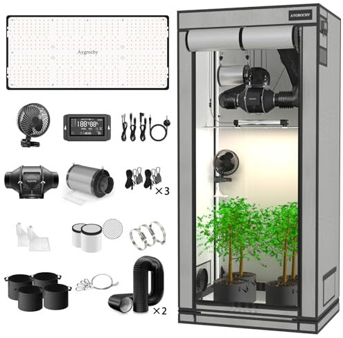 Aygrochy Advanced Grow System Pflanzen Set, Intelligenter integrierter Controller für Rohrventilator, Vollspektrum-LED-Wachstumslampe 200 W, 60 x 120 x 180 cm Grow Tent.