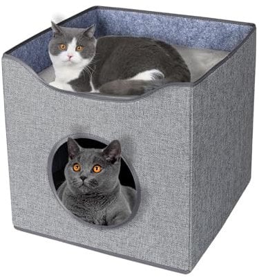 Hausleben Stilvolles Katzenhaus Grau – 40×38×40 cm – inkl. 2 Matratzen & Liegefläche auf dem Dach – Modernes Katzenbettchen für Katzen & Kätzchen – Komfortables Katzenzubehör & Katzenspielzeug